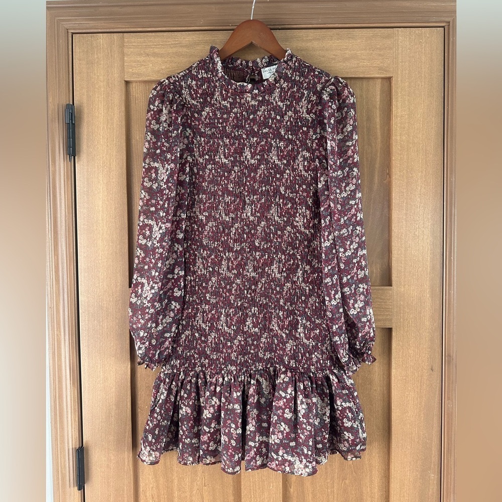 Dress Forum Smocked Ruffle Floral Mini Dress Long Sleeve Puff Sleeves Medium